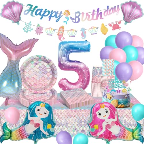 YIMAKJ Meerjungfrau Geburtstag Deko 5 Jahr, Kindergeburtstag Partygeschirr Set Mit Pappteller, Pappbecher, Tischtücher, Ballons Für Geburtstagsdeko Mädchen 16 Gäste von YIMAKJ
