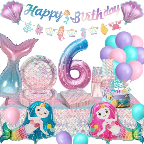 YIMAKJ Meerjungfrau Geburtstag Deko 6 Jahr, Kindergeburtstag Partygeschirr Set Mit Pappteller, Pappbecher, Tischtücher, Ballons Für Geburtstagsdeko Mädchen 16 Gäste von YIMAKJ