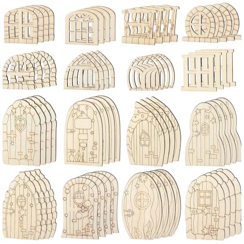 64 Stück feen türen aus holz, Mini Holz Feentüren, 16 Stile, Elfentür, Mini-Feenhaus, unlackierte Türen für Heimwerker, Für Heimdekoration, Wand, Party, Weihnachtsdekoration von YIMINI