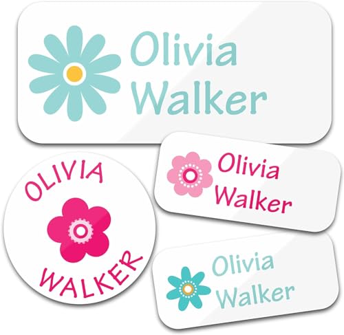 Individuelle Kindergarten-Name-Aufkleber (160 Labels) - Maßgeschneiderte wasserfeste Namensaufkleber für Kleidung, Flaschen, Brotdosen ohne Bügeln. (flowers) von YINFEIAI