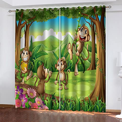 Verdunklungsvorhänge Ösen Schlaufen Thermovorhang Hitzeschutz Kinderzimmer Kinder Mädchen Junge Wald-Cartoon-Tier-Affe 2Er Set 170X200Cm Blickdichte Gardinen Wohnzimmer Modern Vorhang Blickdicht von YINGDU