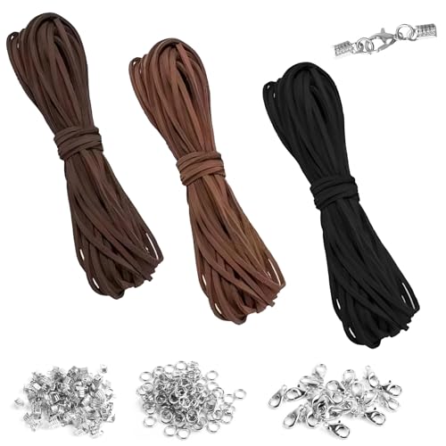 3 Stück Lederband für Ketten 10M x 3mm Lederband Leder Schnur Faux Faden Klassik Vintage Band Faden für DIY Armband Halskette Basteln Schmuck Handwerk(Mit 100 Stück Verschluss) von YINGLUOEU