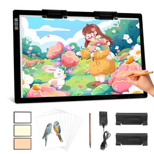 YINGWOND Diamantmalerei Leuchttisch A2 zeichnen Lichtkasten mit 9120 Lux, 3 Farben & 6 Stufenlosem Dimmen lightbox mit EU-Adapter und 2 Multifunktionsclips für Diamond Painting/Zeichnung (A2-Schwarz) von YINGWOND