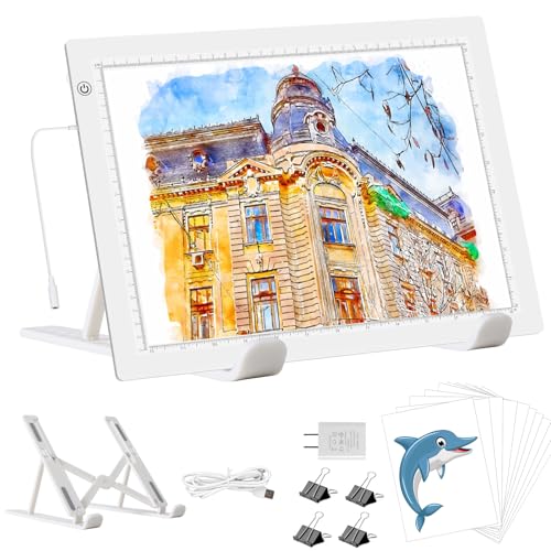 YINGWOND Leuchttisch A4 mit Ständer, Ultra-dünne Diamond Painting Zubehör Leuchttisch mit Adapter Stufenlos Dimmbar Licht pad für Diamond Painting, Zeichnen, Jäten von Vinyl (B4-Weiß-Ständer) von YINGWOND