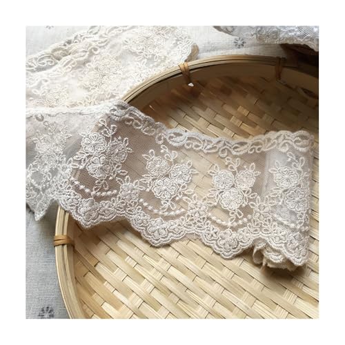 7,6 Cm Breiter, Bestickter Spitzenbesatz Aus Baumwolle Mit Blumenmuster – Weiß/Schwarz/Beige, Netz-Bastelspitze For Selbstgemachte Hochzeitskleider, Vorhänge, 4,5 M(Beige) von YINLUCK