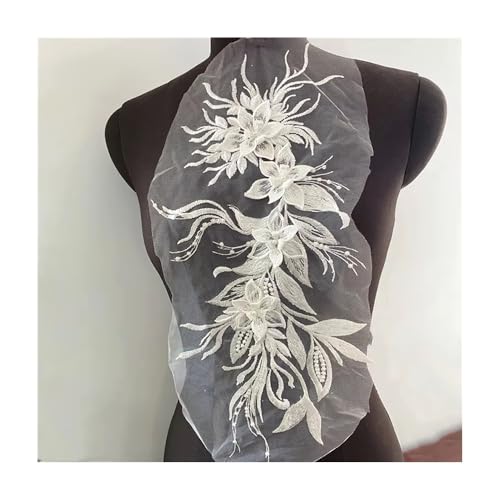Blumen-Perlen-Stickerei-Aufnäher, 46 X 21 Cm, Elegante Aufnäher-Applikation For Brautkleider, Hüte, DIY-Kleidung, Kunsthandwerk For Frauen Und Mädchen (10 Farben)(White) von YINLUCK