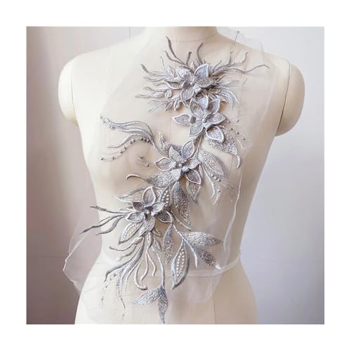 Blumenperlen-Stickerei-Aufnäher, 46 X 21 Cm, For Aufnähen For Hüte, Kleidung, DIY-Stoffe, Hochzeiten, Kinder- Und Damenbasteleien (mehrere Farben)(Silvery) von YINLUCK