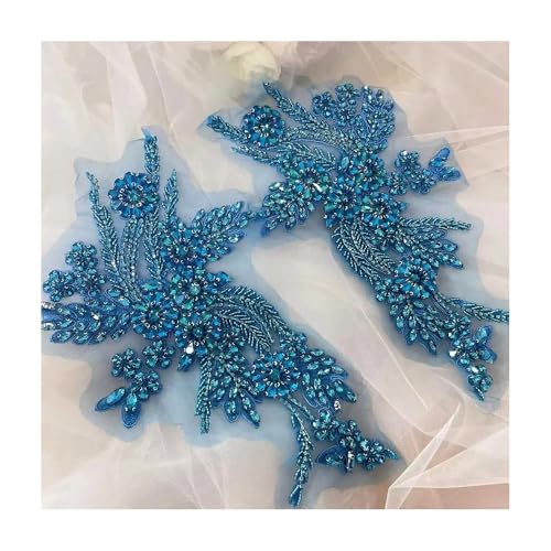 Handgenähter Blumenaufnäher Aus Glas Mit Bohrspiegel In 4 Farben – Funkelnde Strass-DIY-Verzierung For Kleider, Taillenbänder, Schultern (1 Paar, 29 X 17 Cm)(Sea Blue) von YINLUCK