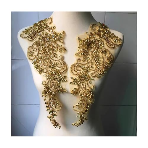 Handgenähter Strass-Aufnäher Mit Glasbohrer Und Spiegelblume For Das Hochzeitskleid For Selbermachen – Funkelnde Dekoration For Kragen, Bund Und Schultern (39 X 14 Cm, 1 Paar)(Gold) von YINLUCK