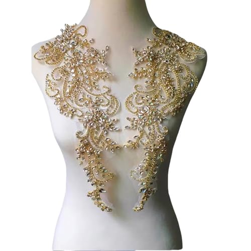 Handgenähter Strass-Aufnäher Mit Glasbohrer Und Spiegelblume For Das Hochzeitskleid For Selbermachen – Funkelnde Dekoration For Kragen, Bund Und Schultern (39 X 14 Cm, 1 Paar)(Gold White) von YINLUCK