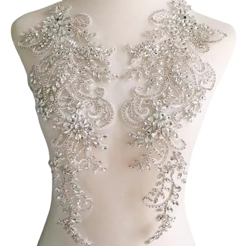 Handgenähter Strass-Aufnäher Mit Glasbohrer Und Spiegelblume For Das Hochzeitskleid For Selbermachen – Funkelnde Dekoration For Kragen, Bund Und Schultern (39 X 14 Cm, 1 Paar)(Silver White) von YINLUCK