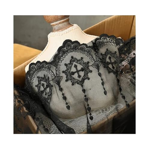 Spitzenbesatz Mit Kreuzstickerei In Weiß/Beige/Schwarz/Gold (17 Cm/23 Cm Breite) – Polyester-Netzstoff For Brautkleider, DIY-Näharbeiten, Lolita-Röcke – 2 Yards(Black) von YINLUCK
