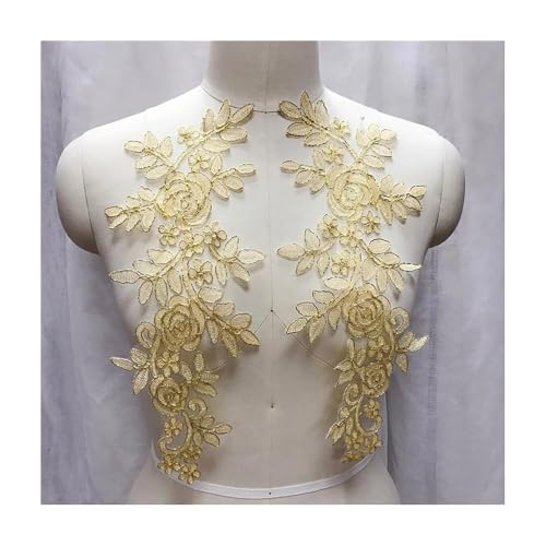 Stickerei-Blumen-Spitzenapplikation – 14 X 35 Cm, 2 Paar/Los (4 Stück) For Hochzeitskleid, Brautkleid – Polyester, Mehrfarbige Optionen(Gold) von YINLUCK