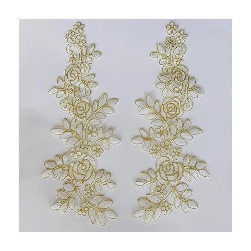 Stickerei-Blumen-Spitzenapplikation – 14 X 35 Cm, 2 Paar/Los (4 Stück) For Hochzeitskleid, Brautkleid – Polyester, Mehrfarbige Optionen(Off white+gold) von YINLUCK