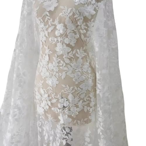 Weißer Baumwollspitzenstoff Mit Pailletten Und Stickerei, 1,3 M Breite X 0,9 M Länge, 48 Handgefertigte Blumen, Weiches Tüllnetz For Selbstgemachte Brautkleider Und Brautaccessoires von YINLUCK