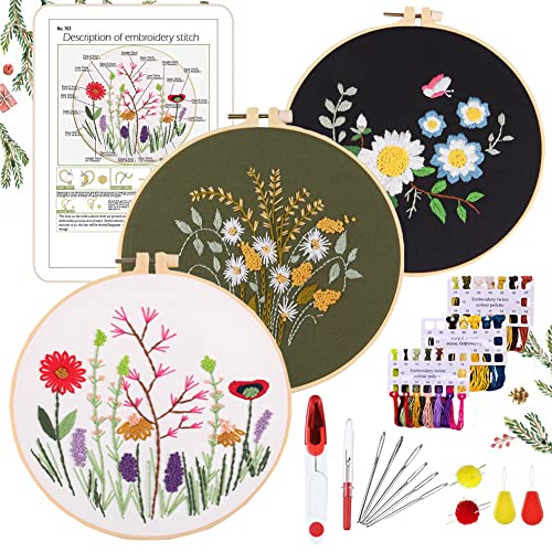 YINVA Anfänger Stickerei Set Stickerei Set, Blumenmuster Pflanzen Kreuzstich-Kit Starter Tools Kit mit 3 Stück Kunststoff-Stickrahmen, für DIY Kunst, Handwerk von YINVA