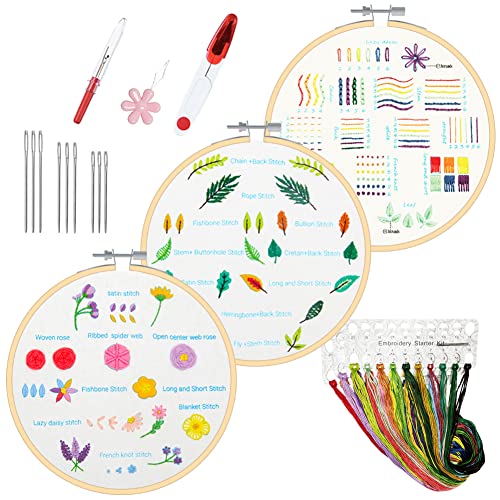 YINVA Anfänger Stickerei Set Stickerei Set, Blumenmuster Pflanzen Kreuzstich-Kit Starter Tools Kit mit 3 Stück Kunststoff-Stickrahmen, Farbfäden und Werkzeuge,für DIY Kunst,Handwerk von YINVA