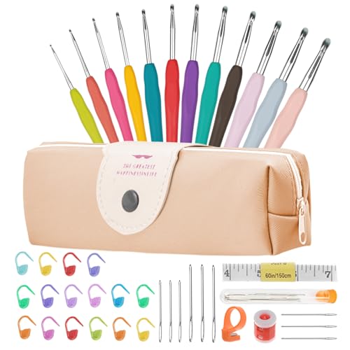 YINVA Häkelnadel Set 41pcs Häkel Set, Häkelnadeln Stricken Nadeln Kit Bunte Ergonomische Soft Gummi Comfort Grip, Häkelhaken Set mit Tragbaren Tasche (peach) von YINVA