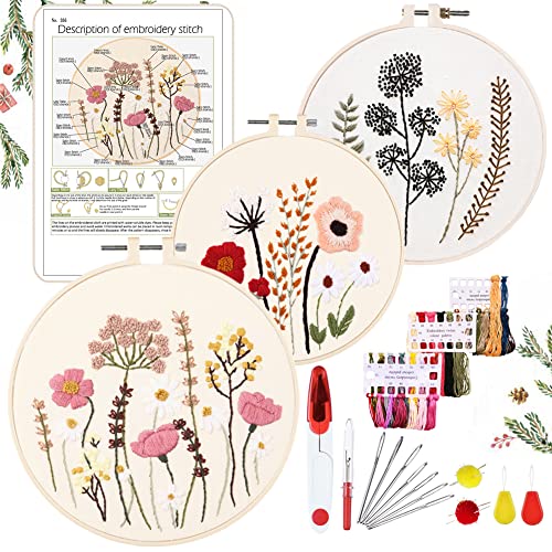 YINVA Stickerei Set Anfänger, Blumenmuster Pflanzen Kreuzstich-Kit Starter Tools Kit mit 2 Stück Kunststoff-Stickrahmen, Farbfäden und Werkzeuge, für DIY Kunst, Handwerk, Sticken (Rosa) von YINVA