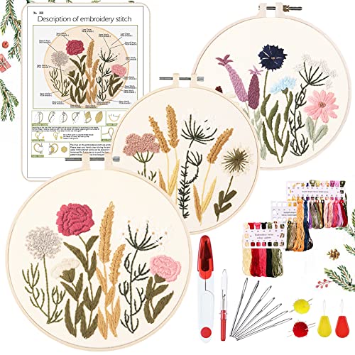 YINVA Stickerei Set Anfänger, 2023 Neu Blumenmuster Pflanzen Kreuzstich-Kit Starter Tools Kit mit 2 Stück Kunststoff-Stickrahmen, Farbfäden und Werkzeuge, für DIY Kunst, Handwerk, Sticken von YINVA