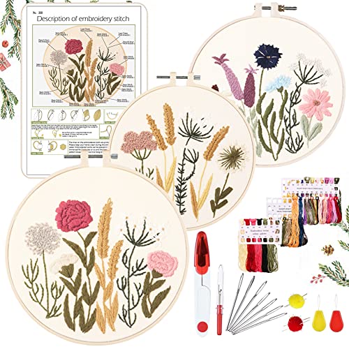 YINVA Stickerei Set Anfänger, Blumenmuster Pflanzen Kreuzstich-Kit Starter Tools Kit mit 2 Stück Kunststoff-Stickrahmen, Farbfäden und Werkzeuge, für DIY Kunst, Handwerk, Sticken von YINVA
