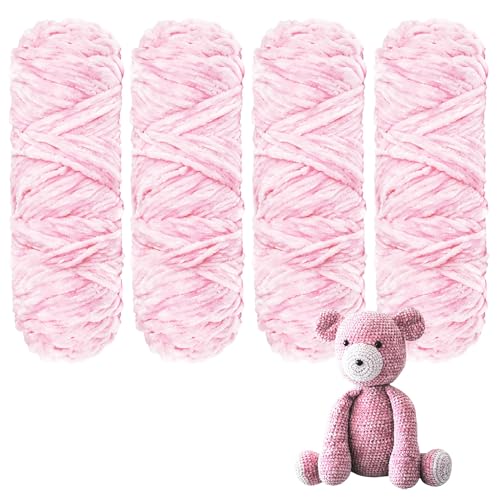 YINVA Chenille Wolle zum Häkeln 400g(4pcs×100g) Chenille Wolle Flauschige Wolle Velvet Weiche Plüschwolle Häkelwolle für Anfänger Dicke Wolle Zum Stricken-Rosa von YINVA