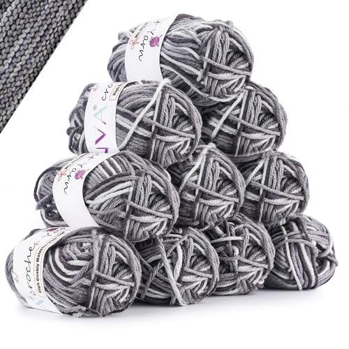 YINVA Wolle zum Häkeln Häkelwolle 10 x 25g Bunt Wolle Farbverlauf Häkelgarn Mehrfarbiges Wolle zum Stricken Sockenwolle für Häkeln Stricken und Handwerk (Grau plus Weiß) von YINVA