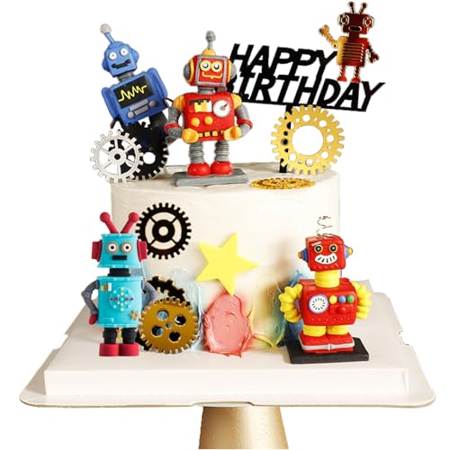 11-teiliges Set aus weichen Vinyl-3D-Antennen-Robotern im Retro-Stil, Dekoration für Jungengeburtstagstorten, Roboterfiguren, Acryl-Zahnrad-Kuchendekoration von YINcrinx