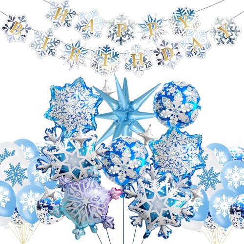 47PCS Frozen-Themenparty-Aluminiumfolienballons, Mädchen-Frozen-Geburtstagsparty, Schneeflockenballons, Schneeflocken-Wimpel, Elsa- und Anna-Themenparty-Dekorationen von YINcrinx