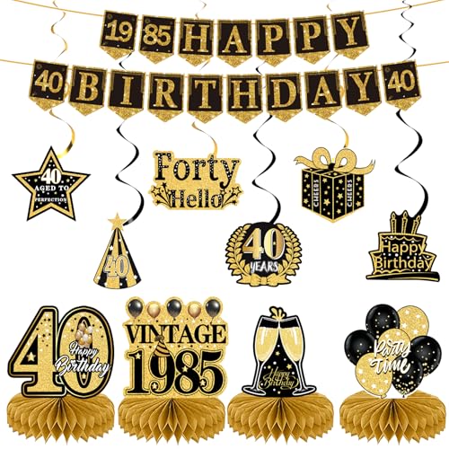 Dekorationsset zum 40. Geburtstag für Männer und Frauen, 11-teiliges Banner mit Aufschrift "Back in 5,041.9 cm 1985, Schwarz-Gold, Happy 40th Birthday-Banner, Deckentischdekoration, Tafelaufsätze Dekorationsset zum 40. Geburtstag für Männer und Frauen, 11-teiliges Banner mit Aufschrift "Back in 5,041.9 cm 1985, Schwarz-Gold, Happy 40th Birthday-Banner, Deckentischdekoration, Tafelaufsätze von YIOTJUNL