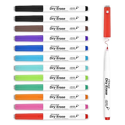 YISAN Magnetische Whiteboard Stifte Dünn mit ultrafeiner Spitze,Abwischbar Stifte,Whiteboard Marker 0,7 mm Extra Feine mit Radiergummis, 12 Farben mit Geringem Geruch,70559 von YISAN