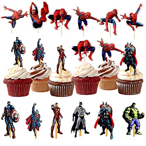 Superheld Cake Toppers, 48 Stück Avengers Cupcake Toppers, Superhelden Kuchen Dekoration, spiderman tortendeko, Topper Muffins Dessert Dekoration, für Kinder Geburtstagsfeiern und Superheld Party von YISKY