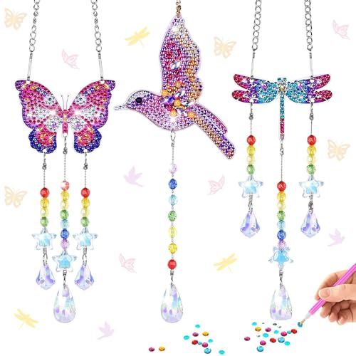 Diamond Painting Sonnenfänger, 3 Stück Diamond Painting Wind-Spiel, Diamant Wind-Spiel, Diamant malerei windspiele, Suncatcher Wind-Spiel Basteln Geschenk, Wind-Spiel Bastelset Spielzeug für Mädchen von YISKY