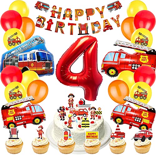 Feuerwehr Geburtstag Deko 4 Jahre Junge, 49 Stück Feuerwehr Deko Kindergeburtstag 4 Jahre, 4 Geburtstag Feuerwehrauto Dekoration, Feuerwehrauto Ballons Deko, Happy Birthday Deko für Feuerwehr Party von YISKY