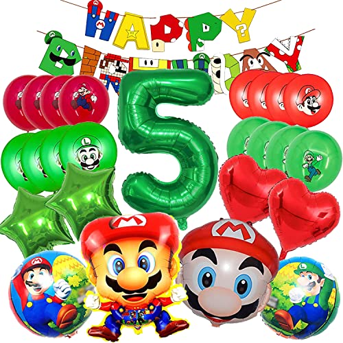 Mario Party Gekoration 5 anni, Mario Party Set, Mario Luftballons Party Dekoration, Mario Kinder Geburtstag Luftballon Set, Mario Theme Party Supplies Enthält Folienballon, Zahlenballons 5, Banner von YISKY