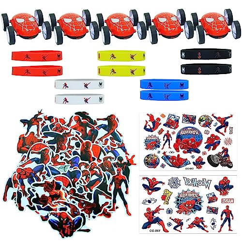 Spiderman Party Mitgebsel Set, 50 Spiderman Sticker, 10 Spiderman Silikon Armband, 5 Spiderman Spielzeug Auto, 2 Spiderman Tattoos, Spiderman Mitgebsel Geburtstagsgeschenke für Jungen und Mädchen von YISKY