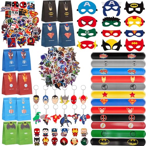 YISKY Superhelden Mitgebsel Kindergeburtstag, 160 Pcs Superheld Party Mitgebsel, Cartoon Papiertüten, Schnapparmbänder, Aufkleber, Superhelden Masken, Schuhdekorationen, Kindergeburtstag Mitgebsel von YISKY