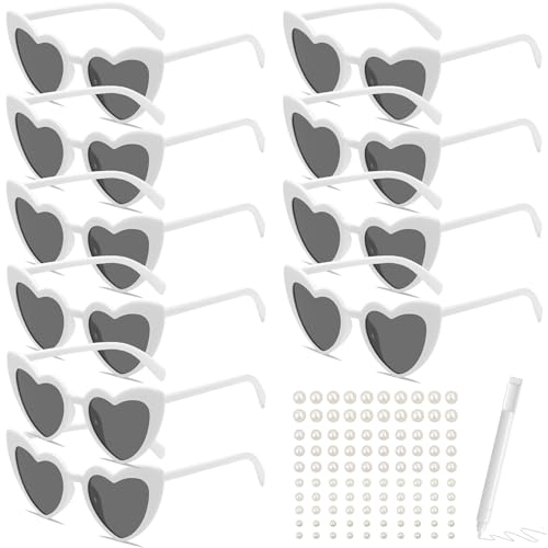 YISZCXIAK Herz Sonnenbrille Partybrille Set Herzform Brille JGA Brillen Herzbrille mit Stift Hippie Herzförmige Brille Herzchen Brille für Party Hochzeit Halloween 10 Stück (Weiß) von YISZCXIAK