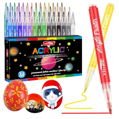 YITHINC Acrylstifte für Steine, Steine Bemalen Stifte Set, Permanent Marker Stifte für Glas, Leinwand, HolzLeinwand, Porzellan, Keramik, Metall, Kunststoff (42 feine Spitze) von YITHINC