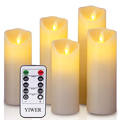 YIWER LED Kerzen,Flammenlose Kerzen 12/15/17/20/22CM Set aus 5 Echtwachs mit realistischen tanzenden LED Flammen und 10-Tasten Fernbedienung mit 2/4/6/8-Stunden Timer,300+ Stunden (Elfenbein, 5×1) von YIWER