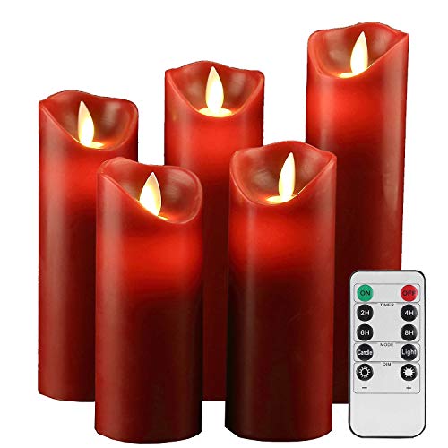 LED Kerzen,Flammenlose Kerzen 12/15/17/20/22CM Set aus 5 Echtwachs mit realistischen tanzenden LED Flammen und 10-Tasten Fernbedienung mit 2/4/6/8-Stunden Timer,300+ Stunden-YIWER (Rot, 5×1) von YIWER