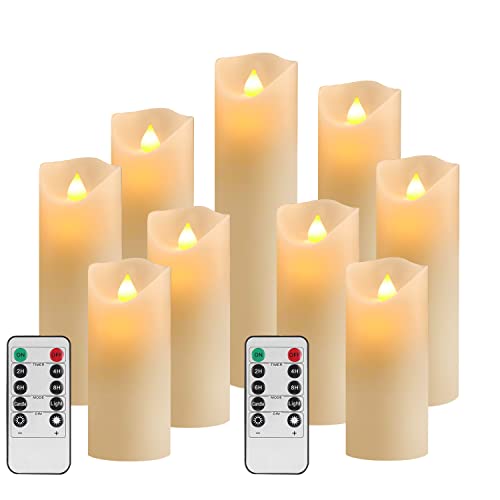 LED Kerzen,Flammenlose Kerzen D2.2xH 4"/5"/6"/7"/8"/9"inch Set aus 9Echtwachs 10-Tasten Fernbedienung mit 2/4/6/8-Stunden Timer,300+ StundenYIWER (Elfenbein, 9×1) von YIWER