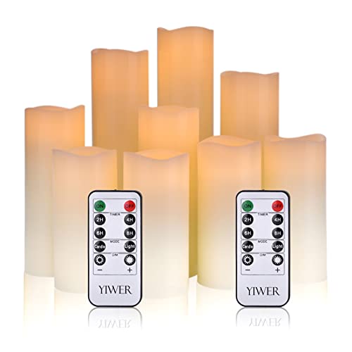 YIWER LED Kerzen Set von 9 Flammenlose Kerzen Batteriebetriebene Kerzen D5.5cmxH 14/15/16/17.5/20/22cm Echtwachssäule Kerzen Flackern mit Fernbedienung und Timer-Steuerung(Elfenbein,9x1 von YIWER