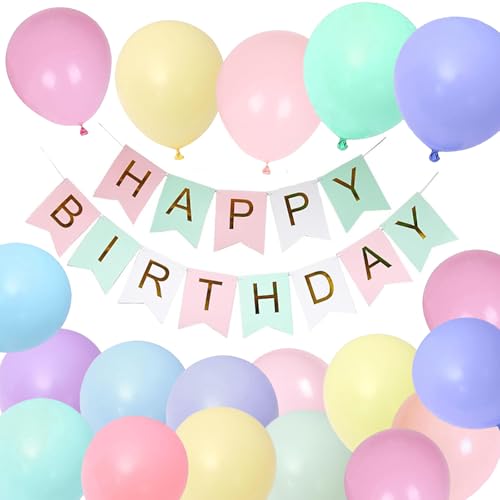 Luftballons Geburtstag Dekoration Set, Macaron Farbe Geburtstagsdeko Happy Birthday deko Banner Party Deko Geburtstag Set mit 16pcs Macaron Farbe Happy Birthday Latex Luftballons(Macaron) von YIXINCHENQI