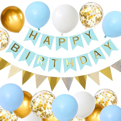 Luftballons Geburtstag Dekoration Set, Macaron blau weiße Geburtstagsdeko Happy Birthday deko Banner Party Deko Geburtstag Set mit Luftballons Konfetti Ballons Dreiecksflaggen Girlanden（BL+SJQ) von YIXINCHENQI