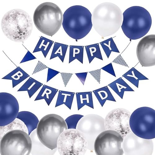 Luftballons Geburtstag Dekoration Set, Marineblau Silber Geburtstagsdeko Happy Birthday deko Banner Party Deko Geburtstag Set mit 16pcs Luftballons Dreiecksflaggen Girlanden（Marineblau+SJQ） von YIXINCHENQI