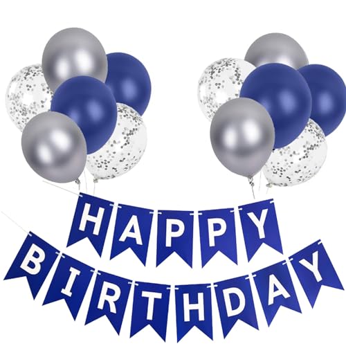 Luftballons Geburtstag Dekoration Set, Marineblau Silber Geburtstagsdeko Happy Birthday deko Banner Party Deko Geburtstag Set mit Marineblau Silber Luftballons Konfetti Ballons（NB） von YIXINCHENQI