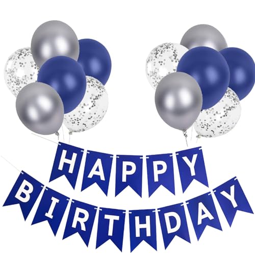 Luftballons Geburtstag Dekoration Set, Marineblau Silber Geburtstagsdeko Happy Birthday deko Banner Party Deko Geburtstag Set mit Marineblau Silber Luftballons Konfetti Ballons（NB） von YIXINCHENQI