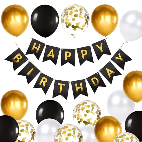 Luftballons Geburtstag Dekoration Set, Schwarz Gold Geburtstagsdeko Happy Birthday deco Banner Party Decor Geburtstag Set mit 16pcs Schwarz Gold Latex Luftballons Konfetti Ballons（Schwarz&Gold） von YIXINCHENQI