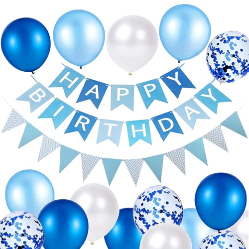 Luftballons Geburtstag Dekoration Set, blau weiße Geburtstagsdeko Happy Birthday deko Banner Party Deko Geburtstag Set mit 16pcs Luftballons Konfetti Ballons Dreiecksflaggen Girlanden（Blau+SJQ) von YIXINCHENQI